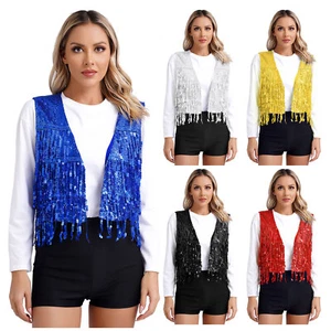 Womens Disco Costume Ladies Vest Tassel Trim Jacket Daily Wear Outerwear Vests - Picture 1 of 51