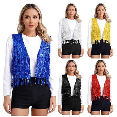 Women's Sequin Fringe Vest Open Front Glitter Tassel Waistcoat Jackets Vest - Image 1 of 3