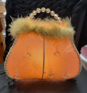 Brown Beaded Purse Leaf Print Lamp with beaded handle Vintage - Picture 1 of 6