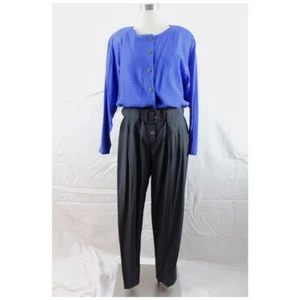 80s Vintage Jumpsuit Blue Black Shoulder Pads Size 8/10 Belted - Picture 1 of 9