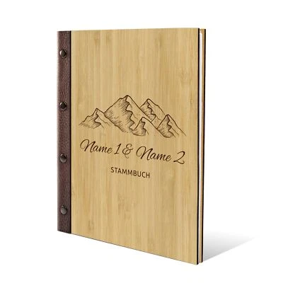 Stammbuch Bambus Gravur personalisiert Echt-Leder DIN A5 - Berge - Bild 1 von 4