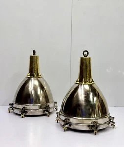 Plafoniera a sospensione acciaio e ottone metallo originale lucido decorazione vintage set 2 - Foto 1 di 11