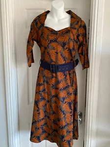 Amazing  Joe Browns Crisp Leaves Dress  UK 8 Fit & Flare Rust/Navy Long Sleeve - Picture 1 of 14