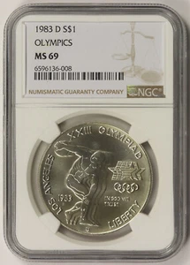 1983-D Olympics Discus Thrower Modern Silver Commemorative Dollar $1 MS 69 NGC - Picture 1 of 4