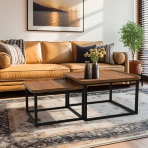 WISFOR Industrial-style Coffee Table 2PCS Wood Nesting Table Metal Leg Sofa Side - Picture 1 of 13