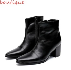 Mens Punk side Zip Pointy Toe Real Leather Nightclub Ankle Boots Cuban Heels sz - Picture 1 of 14