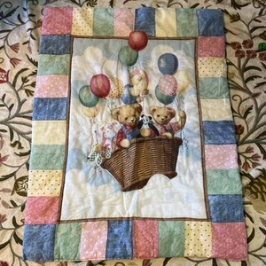 Blue Jean Teddy Bear Balloon Basket Handmade Crib Quilt Girl Boy Blanket Clouds - Picture 1 of 4