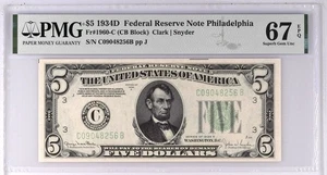 1934D $5 Federal Reserve Philadelphia Fr#1960-C PMG 67 EPQ TOP POP - Picture 1 of 2