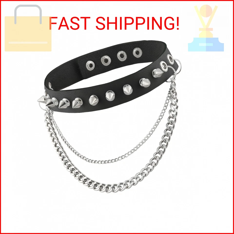 HZMAN Fashion Women Men Cool Punk Goth Metal Spike Studded Link Leather Collar