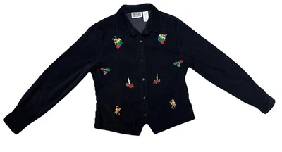 Vtg 90’s Y2K Embroidered Christmas Bill Blass Black Button Down Shirt  Blouse M - Image 1 of 4
