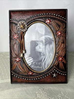Western Tooled Leather Look Picture Frame Red Flowers & Rhinestones Rainbow Made - Image 1 of 4