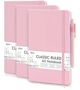 3 Pack Pink Notebooks Journals Bulk with Black Pens, Feela A5 Hardcover Notebook - Picture 1 of 3