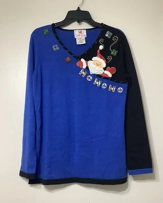 Quacker Factory S Christmas Sweater Santa Presents Blue Black Beaded - Image 1 of 4