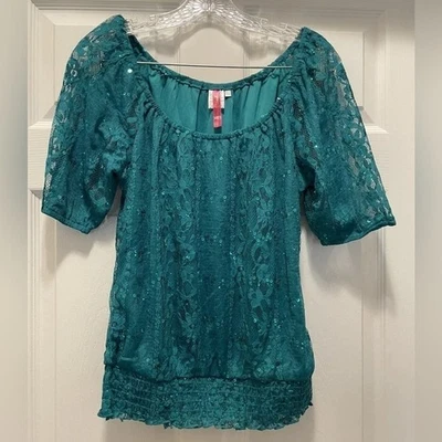Y2K Heart Soul Teal Sequined Blouse Size Large - Image 1 of 4