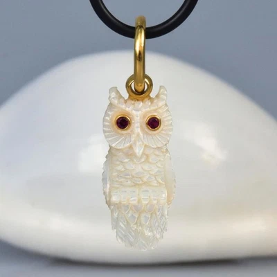 Gold Vermeil Sterling Silver Mother-of-Pearl Owl Pendant Red Ruby Gem Eyes 4.75 - Image 1 of 4