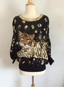 RARE 1980's VINTAGE Lillie Rubin BATWING Sequin TIGER Dress Top Silk Blouse - Picture 1 of 7