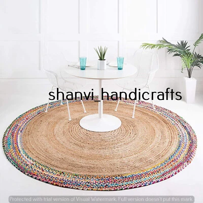Handmade Round Hand Woven Jute Cotton Rug Braided Rug Multi Chindi Round Rug Mat - Image 1 of 4