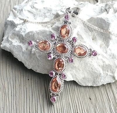 NICKY BUTLER Designer 925 Sterling Silver Quartz Topaz Cross NB Pendant Necklace - Image 1 of 4