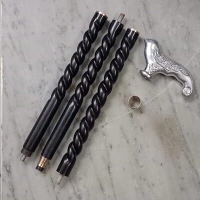 Bastón de madera tallado a mano vintage espiral 3 pliegues mango de pájaro plateado Foto 1 de 4