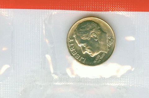 1986-D Uncirculated Roosevelt dime in Mint Cello Cover