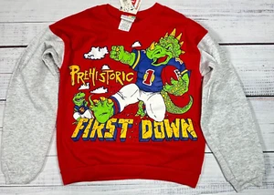 Vintage Kids Prehistoric First Down Sweatshirt M-10 Red Gray Dinosaurs Football - Picture 1 of 8