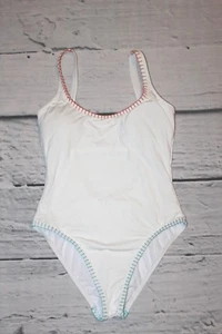 Lucky Brand Embroidered Edge Contrast Stitch Low Back One-Piece Swimsuit White M - Picture 1 of 4