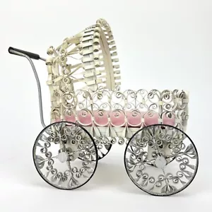 Vintage Tin Can Art Toy Baby Carriage Buggy Stroller Rolling Wheels White Pink - Picture 1 of 9