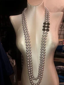 NEW GERARD YOSCA 14MM GRAY FAUX PEARL LONG DOUBLE STRAND ￼KNOTTED NECKLACE 44” - Picture 1 of 12