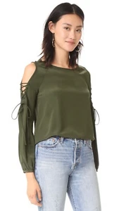 Amanda Uprichard Gibson Long Braided Cut Out Sleeve Blouse Top P NWT 194  OLIVE - Picture 1 of 11
