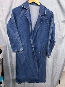 Vtg 90s Hip Hop Blue Denim Jean Coat Long Duster Pockets Big Shoulders - Picture 1 of 9