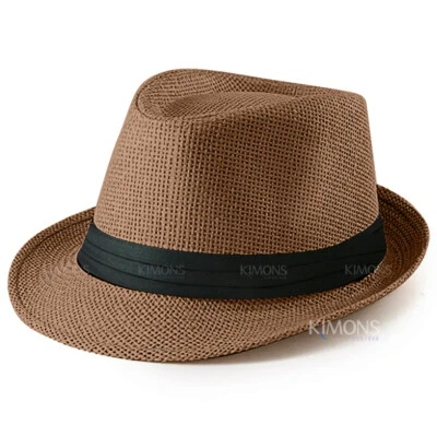 Straw Fedora Hat Trilby Cuban Sun Cap Summer Beach Sun Panama Short Brim Floral - Image 1 of 4