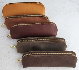 Genuine Top Grain Leather Pen & Pencil Case, Premium, Zipper Close, Choose Color - Picture 1 of 8