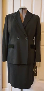 NWT Kasper Petite 2PC Black Wool Doublebreasted Skirt Suit Velvet Trim Size 10P - Picture 1 of 14