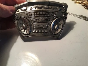 Silver Cassette CD Speaker Music Boom Box Silver Star Belt Buckle USA Made Great - Picture 1 of 2