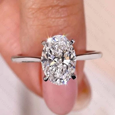 3CTW Oval Cut D Moissanite Solitaire Engagement Ring 14k White Gold Plated Foto 1 de 4