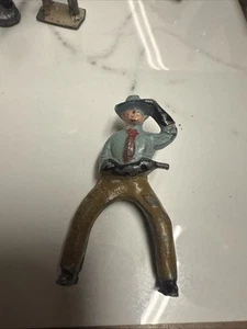 Vintage Cast Iron Cowboy Figure Metal Open Legged Horse Rider - Picture 1 of 2