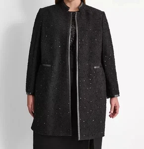 Dkny Women's Career Faux-Leather-Trim Formal Coat Over Coat 14W NWT $199 Sequin - Picture 1 of 10