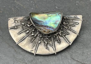 Vintage 70s Modernist Silber Brosche mit Perlmutt, 925 Silber (S 6419) - Bild 1 von 5