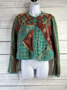 VTG Sandy Starkman Cotton Silk Rayon Jacket Med Boho Art to Wear Crochet Beads - Bild 1 von 15