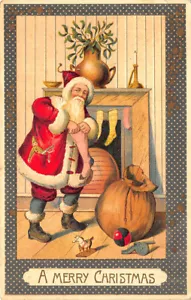 Red Suited Santa Claus Merry Christmas Chimney Stockings Embossed Postcard - Picture 1 of 2