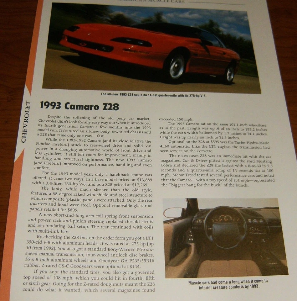 Chevy Camaro Z/28 1993 información especificaciones foto 93 Z28 LT1 350 Foto 1 de 1