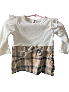 Badgley Mischka long sleeve white & plaid dress with bow, 6-9 months - Picture 1 of 3