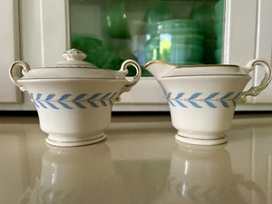 Syracuse China Old Ivory SHERWOOD creamer & sugar bowl - blue laurel - gold trim - Picture 1 of 7