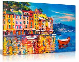 Colourful Oil Painting Boats Sea Harbour Canvas Wall Art Picture Print - Picture 1 of 5