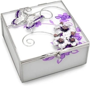 Personalised Purple Butterfly & Flower Design Glass Trinket Box, Engraved Glass - Picture 1 of 5