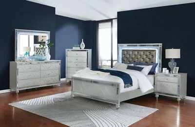 4 PC LEATHERETTE MIRRORED LED CRYSTAL KING BED NS DRESSER BEDROOM FURNITURE SET - Image 1 of 4