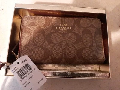 NEW Coach Signature Double  Zip Wristlet In Canvas Khaki/Burgundy  - Image 1 of 4