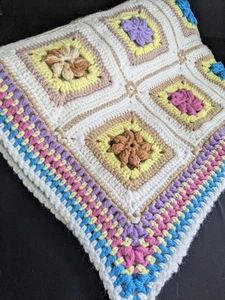 Hand Knit Floral Granny Square Lap Throw Blanket Pastel Colors Superior Quality - Picture 1 of 8