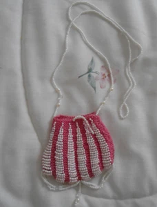 Vintage Mini Embellished Pink/White Beaded Coin Purse, USA, EC - Picture 1 of 2