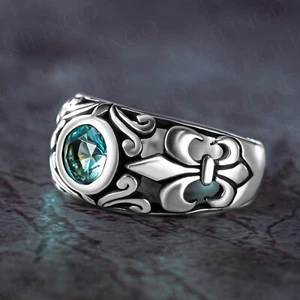 Anillo de boda sólido de plata de ley 925 piedra aguamarina azul sello para hombre - Imagen 1 de 5